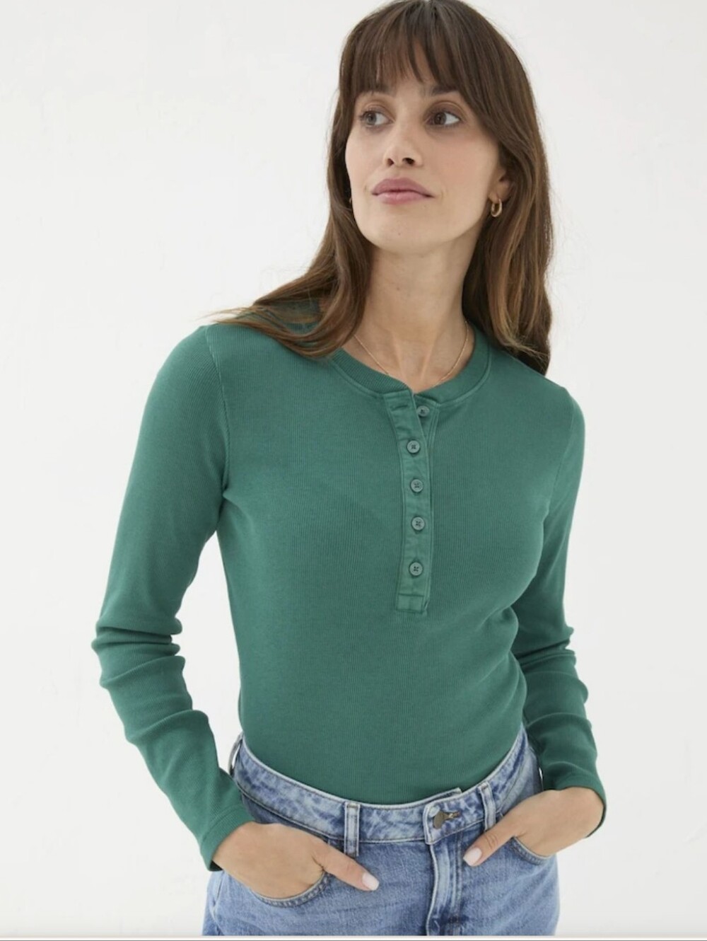 Fat Face Hettie Green Ribbed Henley Top Long Sleeve.